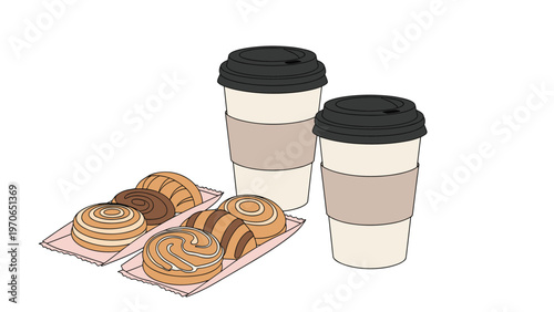 Two takeaway coffee cups in sleeves sitting next to a tray of various sweet pastries and rolls on a white background.