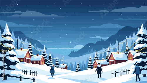 Picturesque winter evening scene of a small snow covered village with glowing house windows and festive string lights.