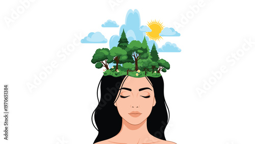 Woman with closed eyes and black hair has a lush green forest growing on top of her head against a cloudy sky background.
