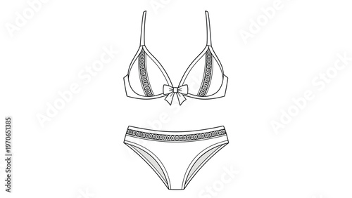 Black and white line art illustration of a matching lingerie set featuring a bra with a bow and patterned underwear.