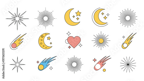Diverse set of celestial line art icons including suns and moons and comets and hearts and stars in pastel colors.