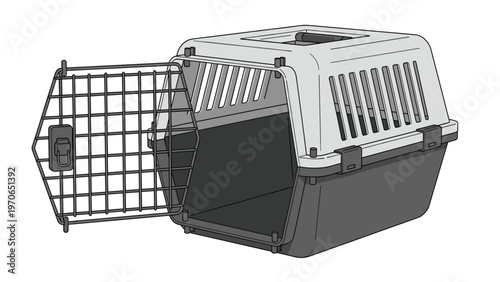 Sturdy plastic pet travel carrier in gray and white colors with its metal wire door standing open on a white background.