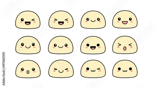 Grid of twelve adorable circular characters with different cute facial expressions ranging from happy and winking to surprised.