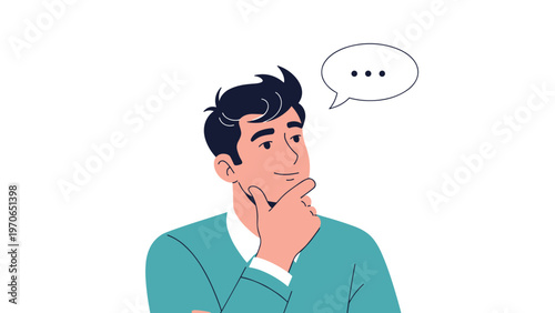Young man in a green sweater is thinking deeply with his hand on his chin and a speech bubble with three dots above him.