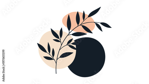 Minimalist botanical artwork showcasing a dark leafy branch layered over soft abstract shapes in beige and charcoal tones.