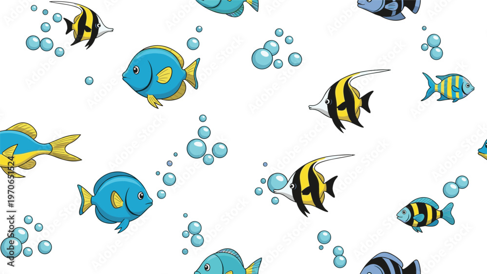 Fototapeta premium Colorful tropical fish and blue bubbles swimming in a seamless pattern against a crisp white background for children design.
