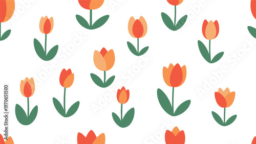 Simple and charming seamless pattern featuring rows of red and orange tulips with green leaves on a plain white background.
