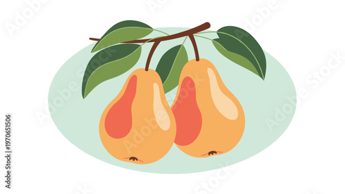 Branch with two ripe pears and green leaves against a light blue oval background in a clean flat style illustration.