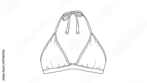 Technical line drawing showing the front view of a simple bikini top with a halter neck and a decorative tie at the center.