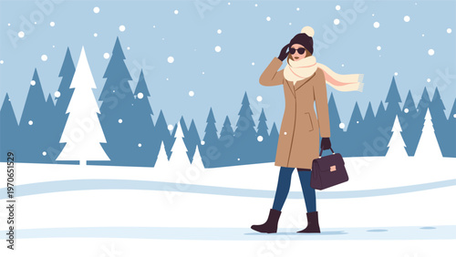 Fashionable woman in a winter coat and scarf walking through a snowy pine forest on a bright winter day.