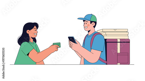 Customer paying a food delivery person with cash while the courier stands with a large thermal backpack and pizza boxes.