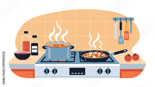 Home kitchen stove top with a boiling pot and a frying pan full of food, surrounded by various cooking ingredients and tools.