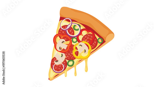 Delicious slice of pizza topped with pepperoni, peppers, onions, and mushrooms with melting cheese dripping down.