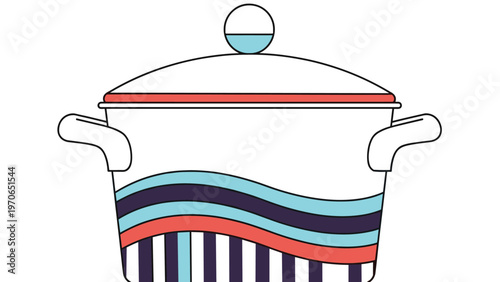 Modern decorative cooking pot with colorful wavy stripes and a minimalist lid design in a clean illustration style.