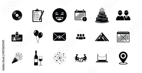 Event management and party planning icons set including cake calendar fireworks balloons champagne music vinyl record wine glasses confetti location pin guest list invitation mountain.
