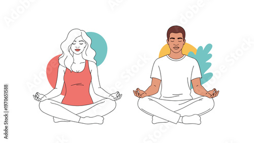 Two people, a man and a woman, sitting in lotus pose and meditating with abstract shapes in the background.