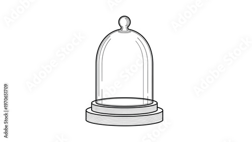 Elegant glass bell jar or cloche display case with a wooden base illustrated in a detailed vintage engraving style for classic design.