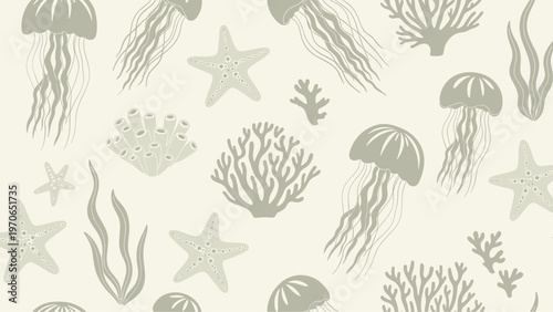 Calming undersea pattern featuring gracefully floating jellyfish, starfish, coral, and seaweed in soft muted green tones for background.