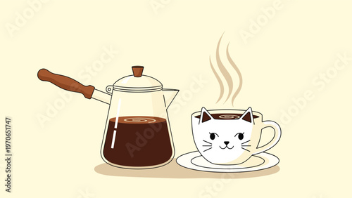 Glass coffee pot next to a cute cup with a cat face and steaming hot coffee on a simple light yellow background for a cozy morning feel.