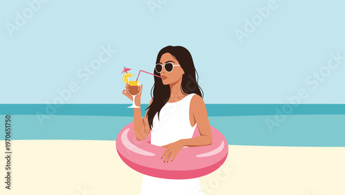 Stylish woman in sunglasses holding a tropical cocktail and wearing a pink inner tube on a sunny sandy beach during her summer vacation.