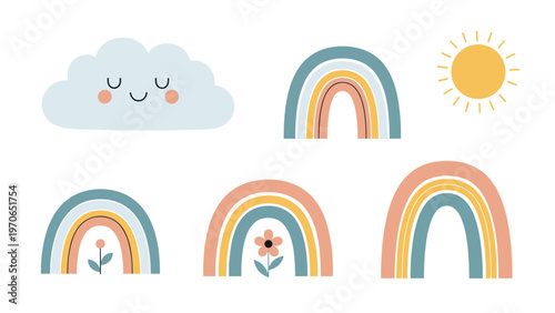 Adorable collection of weather-themed icons featuring different rainbow designs, a happy cloud, and a bright sun for nursery decor.