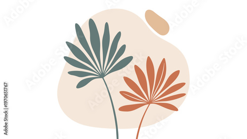 Minimalist botanical art featuring two stylized palm leaves in muted green and orange on an abstract peach shape for modern interiors.