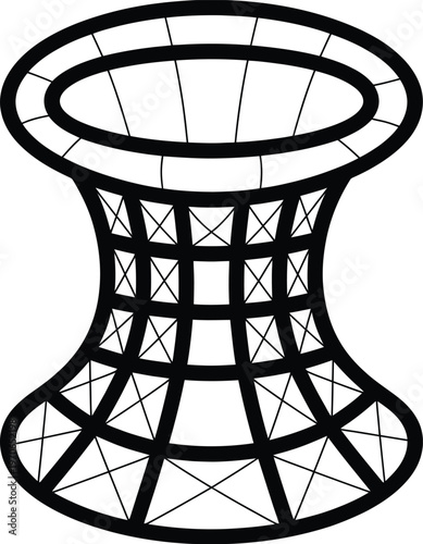 Minimalist Vector Illustration of a Hyperboloid Structure Featuring a Geometric Grid Pattern and Curved Mesh Wireframe Design for Modern Architecture and Science Concepts