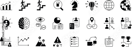Set of Black Vector Business Icons Featuring Growth Charts Progress Steps Brainstorming Ideas Chess Pieces Global Strategy and Project Management Symbols for Professional Presentation Design