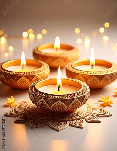 Four ornate candles in gold-toned holders,  glowing softly, set on a decorative base, with a soft light background