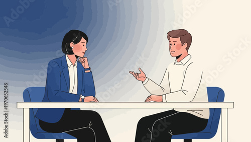 Business meeting, man and woman discussing at table, professional conversation, office setting