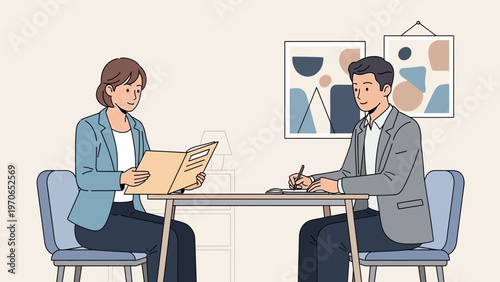 Job Interview: Woman Reviews Resume, Man Takes Notes at Desk