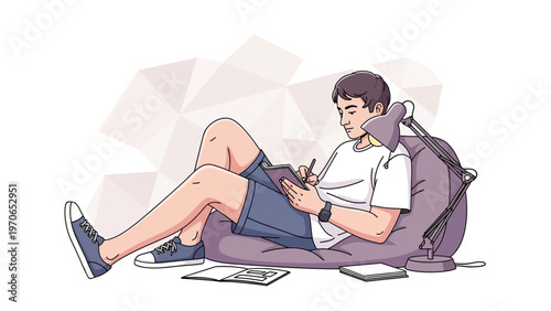 Young man studying and writing in a notebook while sitting on a beanbag chair
