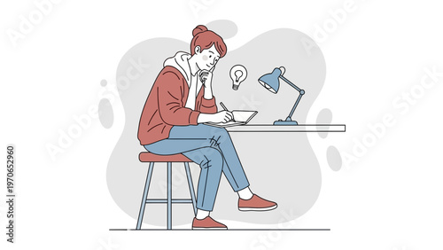 Young woman studying at desk with lamp and lightbulb, creative idea concept