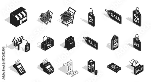 Black and white sale shopping icons.