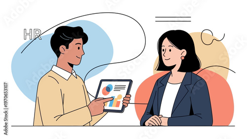 HR professional presenting analytics on tablet to colleague in virtual meeting