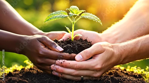 Hands nurturing a young plant in sunlight outdoors