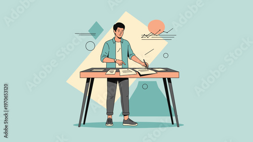 Man working at desk with papers and pen, modern flat illustration