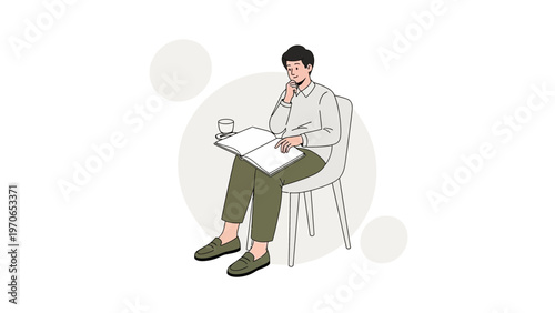 Man Reading Book While Sitting On Chair With Coffee Cup