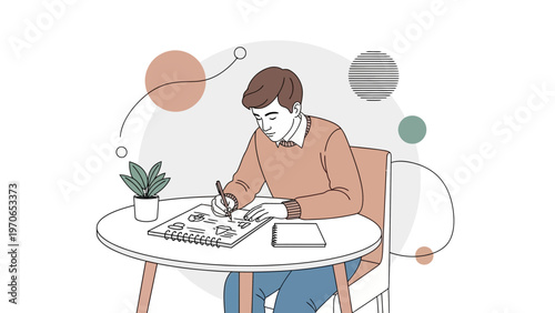 Young man drawing in a notebook at a table, creative process, illustration