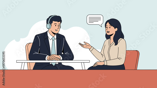 Business meeting: man with headphones and woman talking, office setting, communication concept