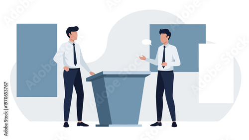 Two businessmen in formal attire debating at a podium, modern office background