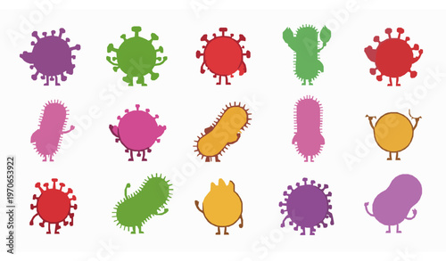 Cartoon virus bacteria characters vector emoticon microbe set