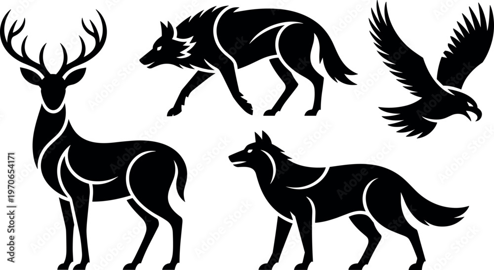 Fototapeta premium Wild forest animal silhouettes set including deer wolves and eagle minimal black vector illustration for wildlife nature design use