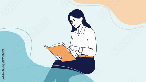 Woman reading a book, illustration, minimalist style, education concept