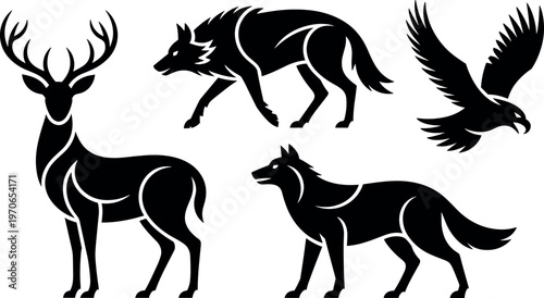 Wild forest animal silhouettes set including deer wolves and eagle minimal black vector illustration for wildlife nature design use