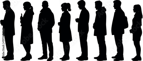 People standing in queue line silhouettes minimal black vector illustration for waiting crowd service concept and social behavior use