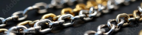 Silver & gold chainlets, diverse link styles, close-up , minimalist, texture, chainmail