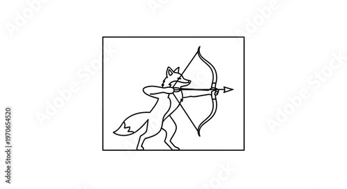 Fox Archer Silhouette Drawing, Aiming Bow and Arrow, Hunting Concept