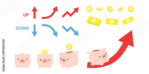 お金と貯金箱のイラストセット（上昇・下降・投資・資産形成） フラット