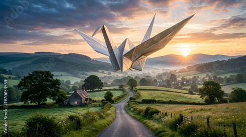 giant origami crane flying above a quiet countryside road at sunrise
